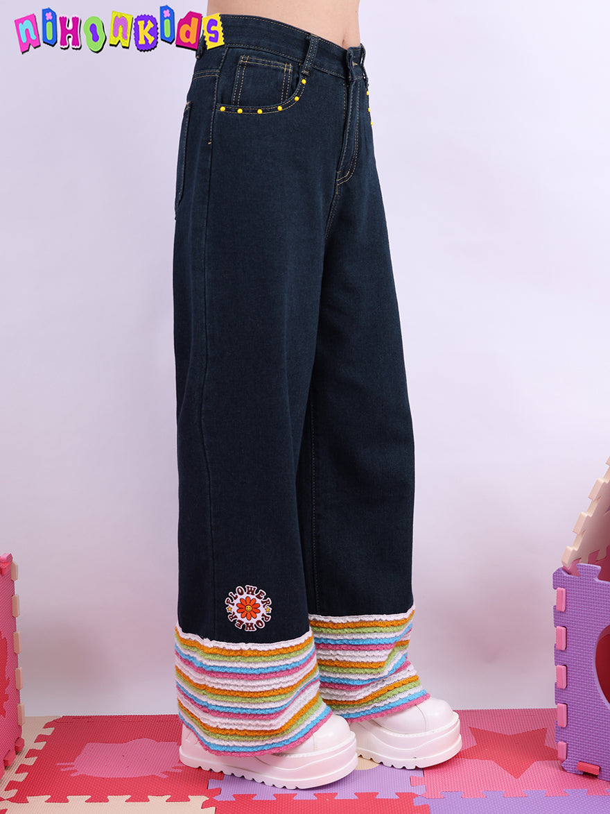 Rainbow Striped Floral High Waist Flare Jeans