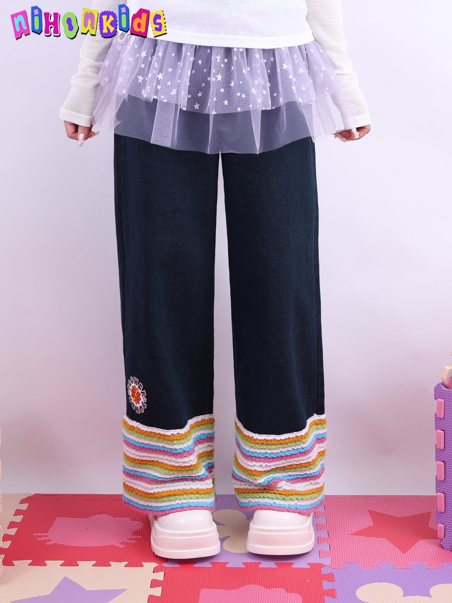 Rainbow Striped Floral High Waist Flare Jeans
