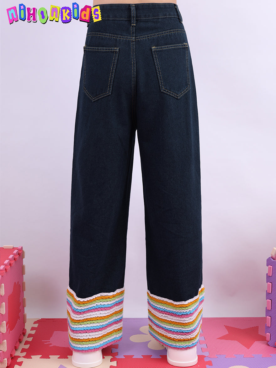 Rainbow Striped Floral High Waist Flare Jeans