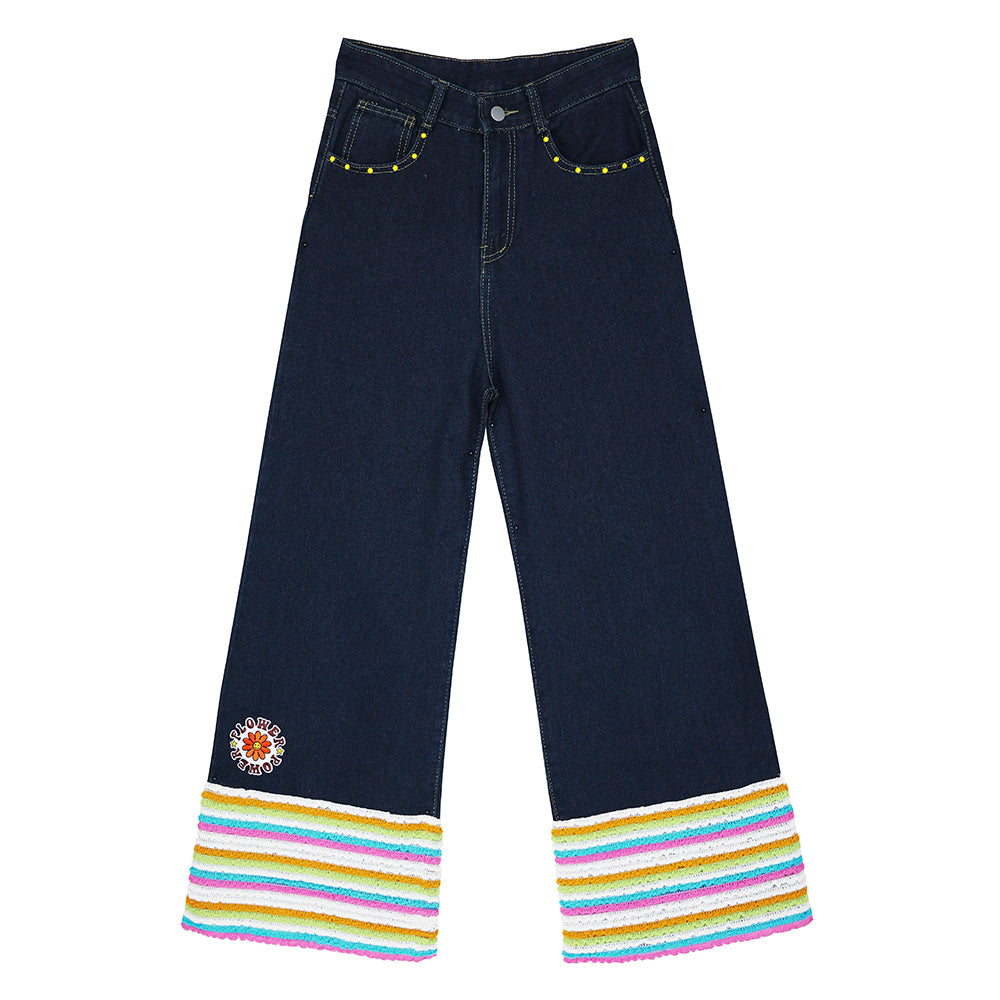 Rainbow Striped Floral High Waist Flare Jeans