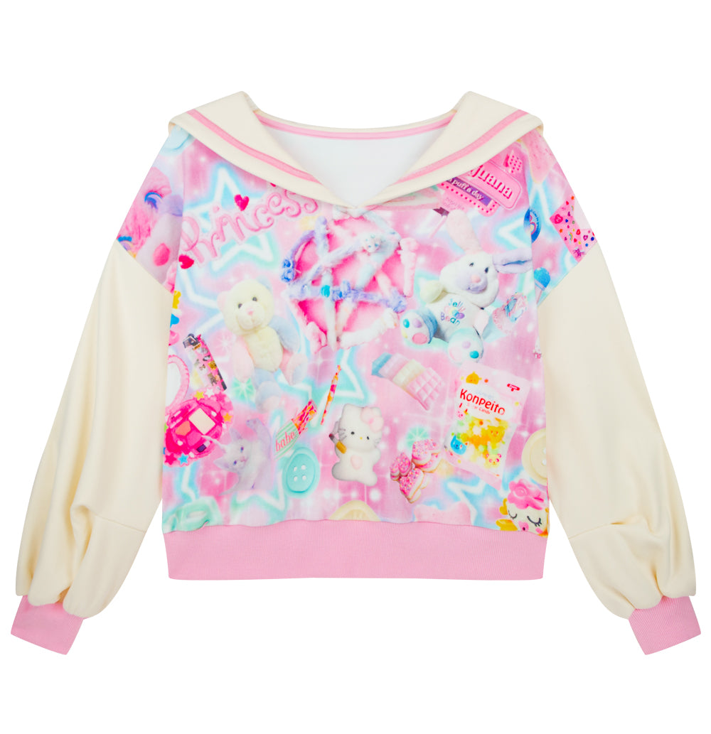 Doll Print Sailor Suit Sweatshirt Set