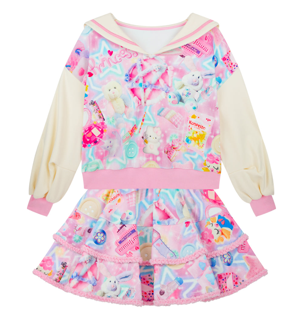 Doll Print Sailor Suit Sweatshirt Set